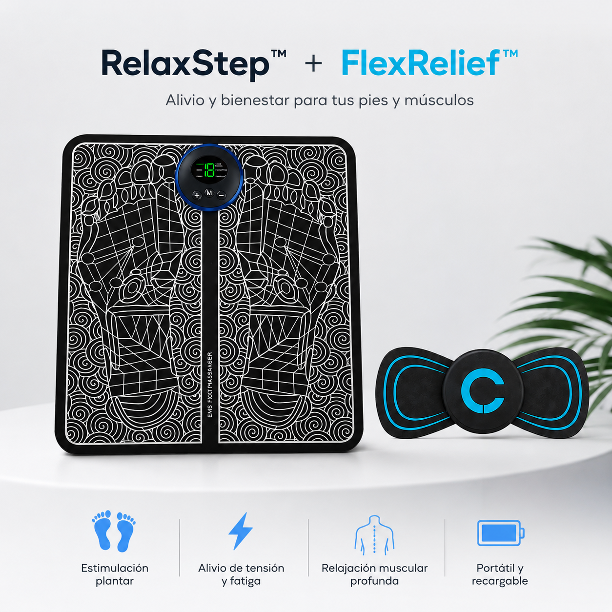 RelaxStep™ + FlexRelief™ (masajeador de pies + masajeador muscular)