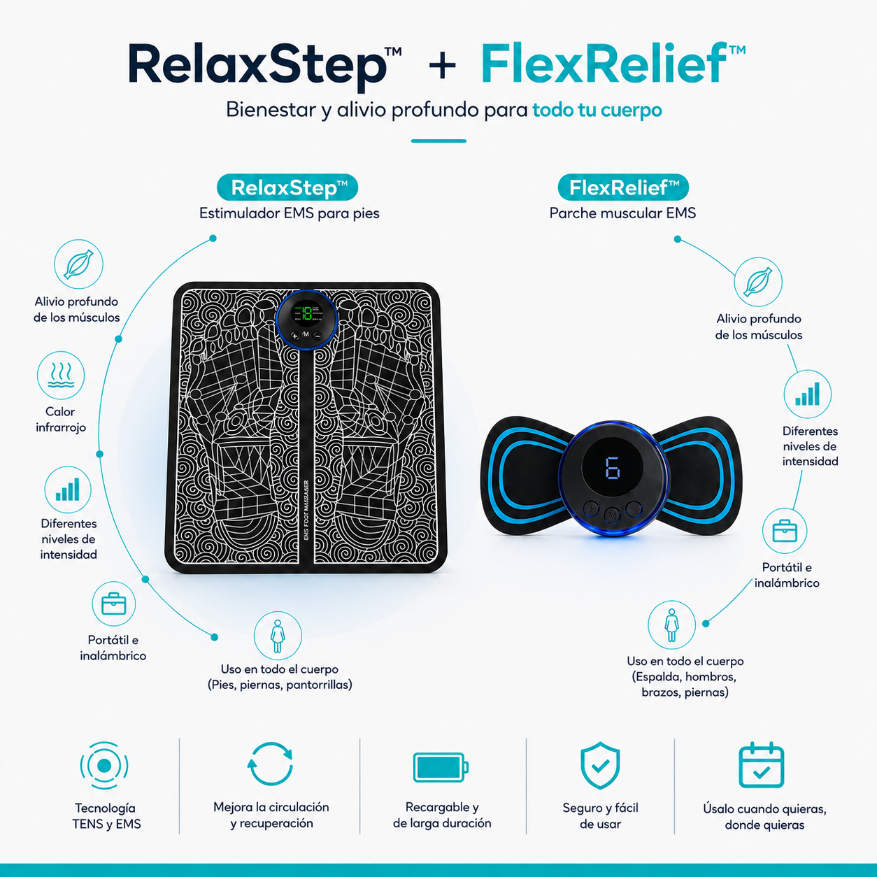 RelaxStep™ + FlexRelief™ (masajeador de pies + masajeador muscular)